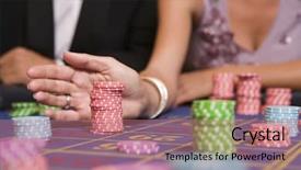  Presentation with roulette wheel - Theme having woman placing bet on roulette background and a coral colored foreground
