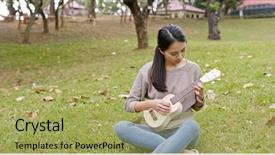  Presentation with ukulele - Colorful slides enhanced with woman play on ukulele backdrop and a yellow colored foreground
