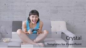  Presentation with play - Audience pleasing PPT layouts consisting of woman play tv game backdrop and a light gray colored foreground