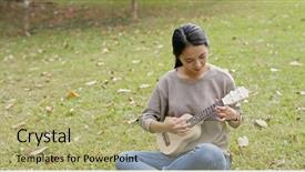  Presentation with ukulele - Amazing PPT theme having woman play ukulele at park backdrop and a  colored foreground