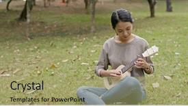  Presentation with ukulele - Presentation theme having woman play ukulele at park background and a  colored foreground