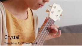  Presentation with ukulele - Beautiful PPT theme featuring woman play ukulele backdrop and a coral colored foreground