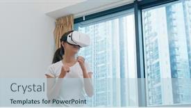 Presentation with play - Presentation design having woman play vr device at home background and a light blue colored foreground