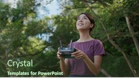  Presentation with play - Cool new slide deck with woman-play-with-drone backdrop and a tawny brown colored foreground