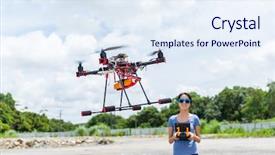  Presentation with drone technology delivery flying - Cool new presentation theme with woman play with flying drone backdrop and a sky blue colored foreground