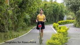  Presentation with motor - PPT theme with woman-play-with-motor-scooter background and a gold colored foreground