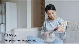  Presentation with ukulele - Slide set having woman play with ukulele background and a light blue colored foreground