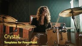  Presentation with music band - Audience pleasing slide deck consisting of woman playing drums during music band rehearsal backdrop and a tawny brown colored foreground