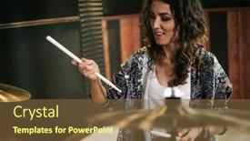  Presentation with music band - PPT theme enhanced with woman playing drums during music band rehearsal background and a tawny brown colored foreground