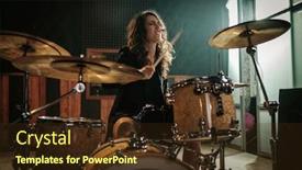  Presentation with music band - Theme enhanced with woman playing drums during music band rehearsal background and a tawny brown colored foreground