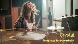  Presentation with music band - Amazing PPT layouts having woman playing drums during music band rehearsal backdrop and a tawny brown colored foreground