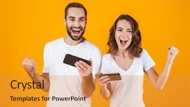  Presentation with man vs woman - Cool new slide deck with woman playing together video game backdrop and a gold colored foreground