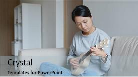  Presentation with ukulele - Audience pleasing slide deck consisting of woman playing ukulele at home backdrop and a light blue colored foreground