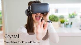  Presentation with virtual reality - Presentation with woman playing virtual reality game background and a coral colored foreground