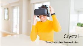  Presentation with simulation - Amazing presentation theme having woman playing virtual reality game backdrop and a yellow colored foreground