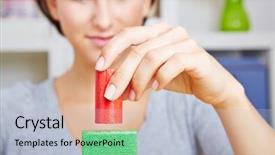  Presentation with young children playing - Slide set consisting of woman playing with colorful wooden background and a light blue colored foreground