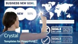  Presentation with blue - PPT theme with woman pointing against glowing blue background and a ocean colored foreground