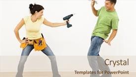  Presentation with drill - Slide deck with woman pointing drill playfully at man smiling and laughing in home background and a lemonade colored foreground