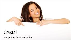  Presentation with blank - Colorful PPT theme enhanced with woman pointing on blank board backdrop and a  colored foreground