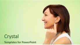  Presentation with green beauty - Beautiful presentation theme featuring woman pointing to her golden backdrop and a soft green colored foreground