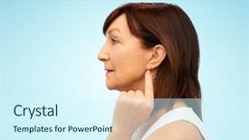  Presentation with old people help the people - PPT theme with woman pointing to her golden background and a cool aqua colored foreground