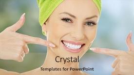  Presentation with colorful teeth movable - Colorful presentation design enhanced with woman pointing to her teeth backdrop and a coral colored foreground