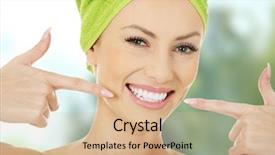  Presentation with teeth - PPT theme consisting of woman pointing to her teeth background and a coral colored foreground