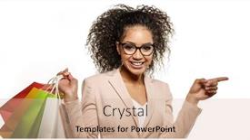  Presentation with promotions - Colorful theme enhanced with woman points to something with her finger african american girl with shopping bags discounts sales and promotions backdrop and a soft green colored foreground