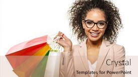  Presentation with promotions - Audience pleasing slide set consisting of woman points to something with her finger african american girl with shopping bags discounts sales and promotions backdrop and a coral colored foreground