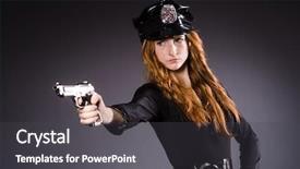  Presentation with police - Audience pleasing PPT theme consisting of woman police office with gun backdrop and a dark gray colored foreground