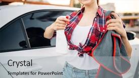  Presentation with car wash wastewater - Colorful slide set enhanced with woman polishes car after washing backdrop and a light gray colored foreground