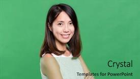  Presentation with woman praying over bible - Beautiful slide deck featuring woman portrait over green background backdrop and a ocean colored foreground