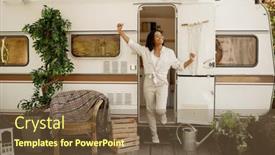 Presentation with camping - Slide deck having woman-poses-at-the-rv background and a tawny brown colored foreground