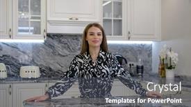  Presentation with kitchen design - Slides with woman-poses-in-a-kitchen background and a dark gray colored foreground