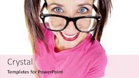  Presentation with lens - Cool new PPT layouts with woman posing in studio using fisheye lens backdrop and a coral colored foreground