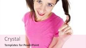  Presentation with lens - Theme having woman posing in studio using fisheye lens background and a coral colored foreground