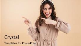  Presentation with happy image - Colorful PPT theme enhanced with woman posing isolated over beige backdrop and a coral colored foreground