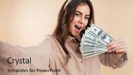  Presentation with take - Audience pleasing slide set consisting of woman posing isolated over beige backdrop and a coral colored foreground