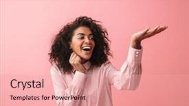  Presentation with happy image - Cool new PPT theme with woman posing isolated over pink backdrop and a coral colored foreground