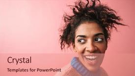  Presentation with happy image - PPT layouts with woman posing isolated over pink background and a  colored foreground
