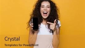  Presentation with blue and yellow phone - Cool new slide deck with woman posing isolated over yellow backdrop and a gold colored foreground