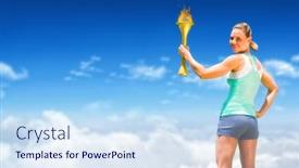  Presentation with trophy - Amazing PPT theme having woman posing with trophy against bright blue sky over clouds backdrop and a sky blue colored foreground