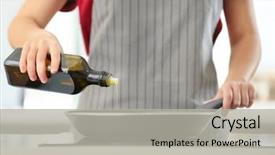  Presentation with cooking oil - PPT theme having woman pouring cooking oil background and a light gray colored foreground