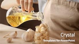  Presentation with garlic garlic garlic bulb - Beautiful theme featuring woman pouring oil into jar backdrop and a coral colored foreground