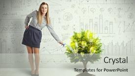  Presentation with pouring water - Audience pleasing theme consisting of woman pouring water on lightbulb backdrop and a soft green colored foreground