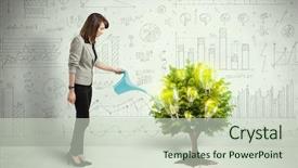  Presentation with business growing - PPT theme with woman pouring water on lightbulb background and a soft green colored foreground