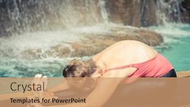  Presentation with waterfall woman - Colorful theme enhanced with woman practicing yoga near waterfall seated forward fold paschimottanasana backdrop and a coral colored foreground