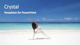  Presentation with warrior woman - Audience pleasing PPT theme consisting of woman practicing yoga warrior position on the beach backdrop and a ocean colored foreground