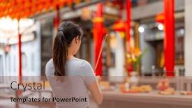  Presentation with chinese temple - Presentation theme having woman-pray-with-incense background and a coral colored foreground