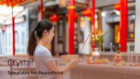  Presentation with chinese temple - Slide deck consisting of woman-pray-with-incense background and a coral colored foreground